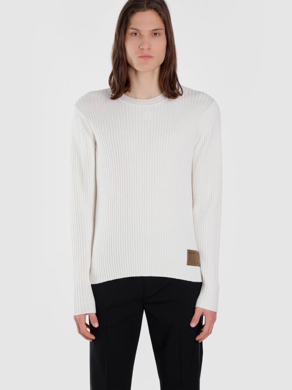 Helmut Lang Cream Ribbed Crewneck Sweater